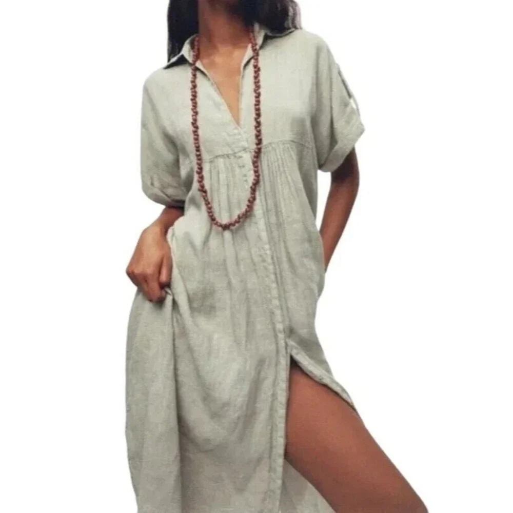 Zara NWT Sage Green Lovina Linen Short Sleeve Button Front Midi Dress sz XS NEW - Picture 2 of 15